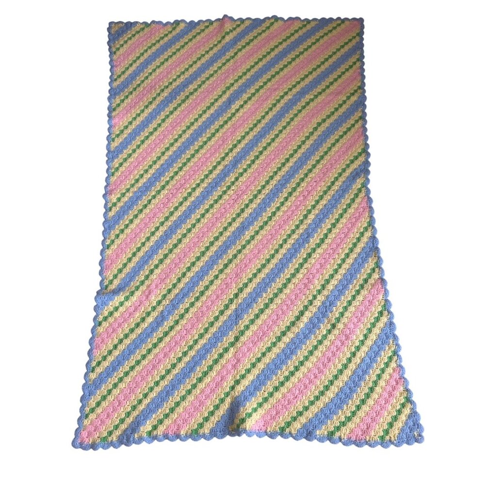 Vintage Handmade Pastel Colored Crochet Lap/Baby Blanket With Scalloped Edges